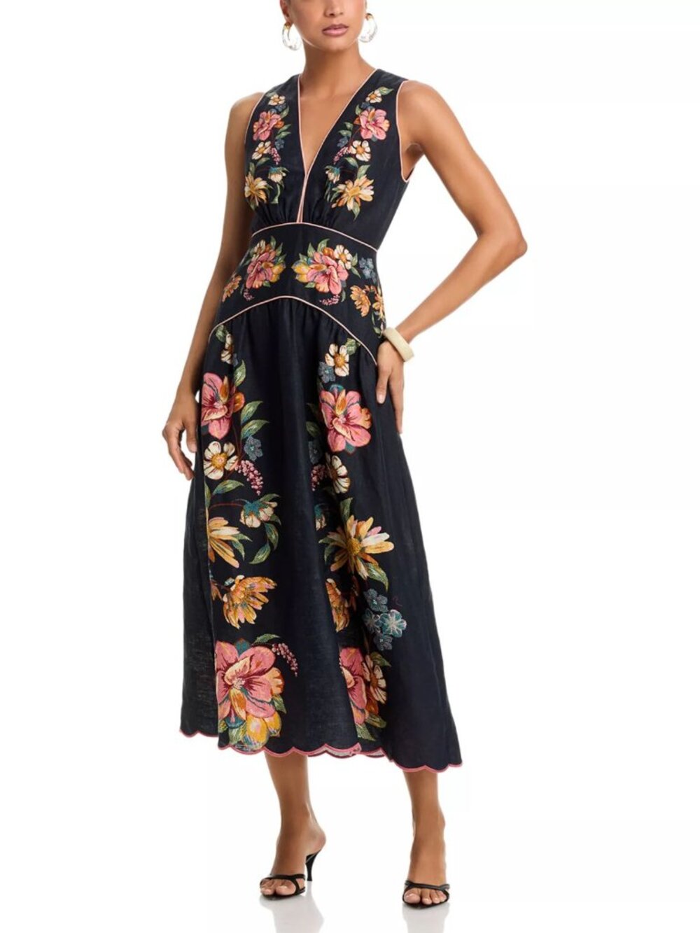 New! Farm Rio Dark Blue Maira Floral Print Linen Midi Dress Size XS 57174
